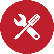 A wrench and screwdriver are crossed in a red circle.