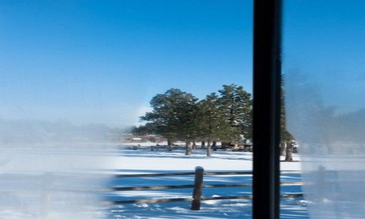 misted glass looking out onto snowy land and trees