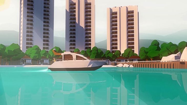 Yacht on turquoise water with high-rise towers and trees along a waterfront skyline