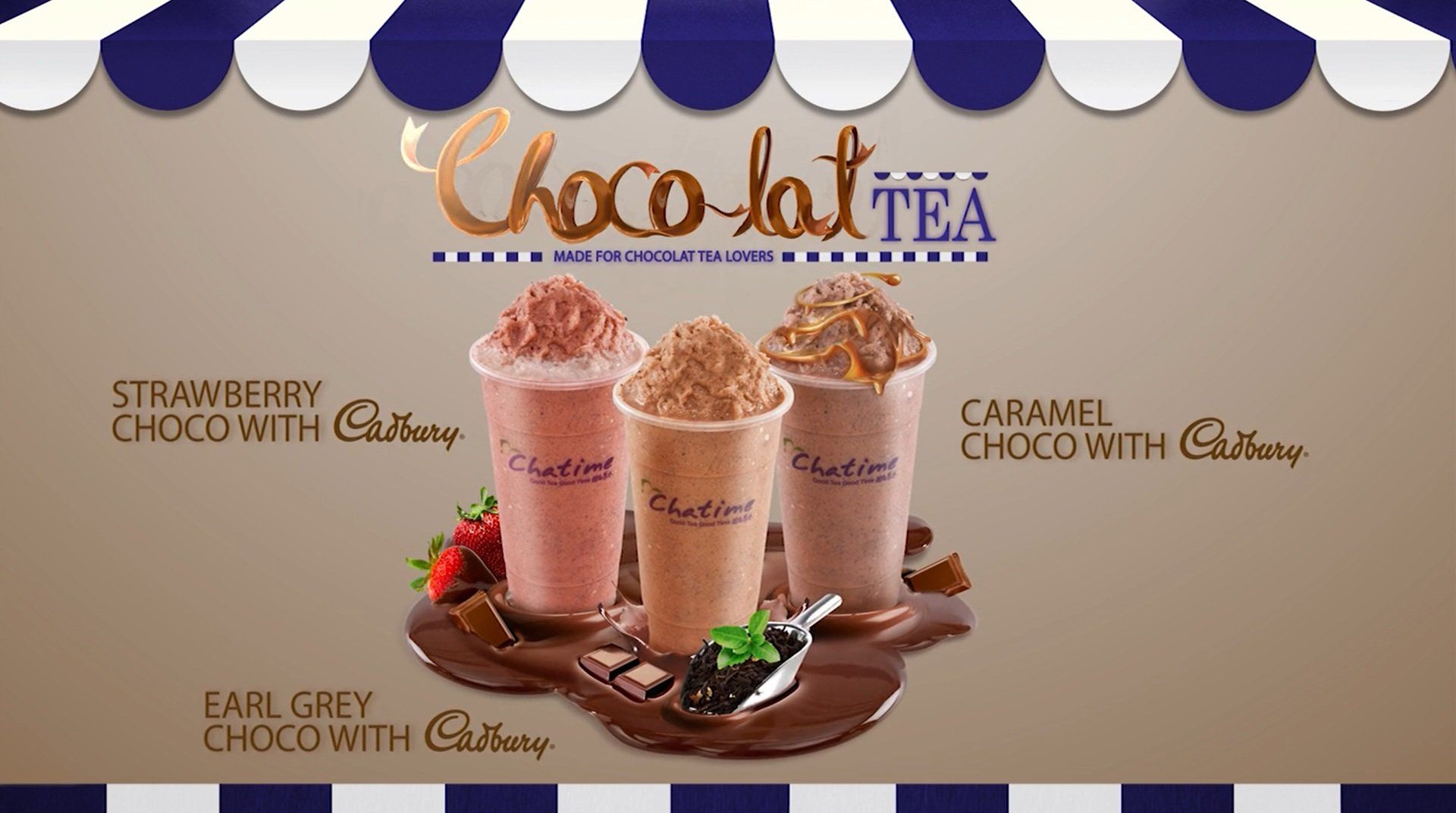 Choco Latte tea ad with three chocolate drinks on a brown table, in strawberry, caramel and Earl Grey flavors.