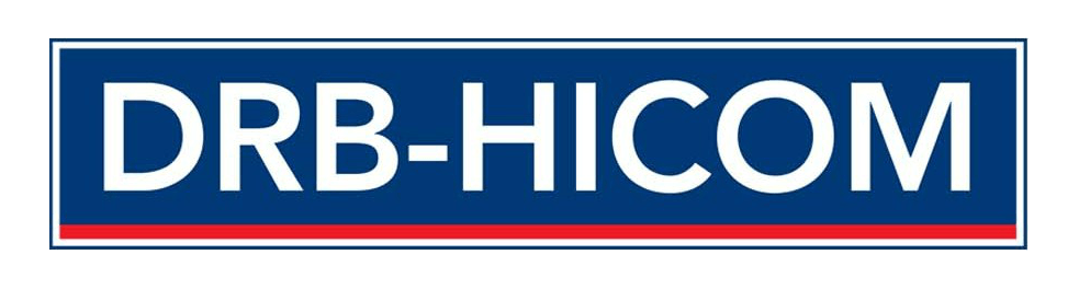DRB-HICOM logo in white text on a dark blue rectangular background with red border