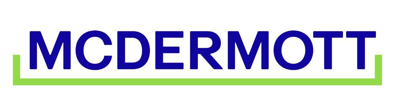 McDermott logo in blue text with a green underline on a white background