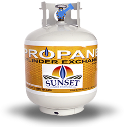 White propane tank with yellow label;