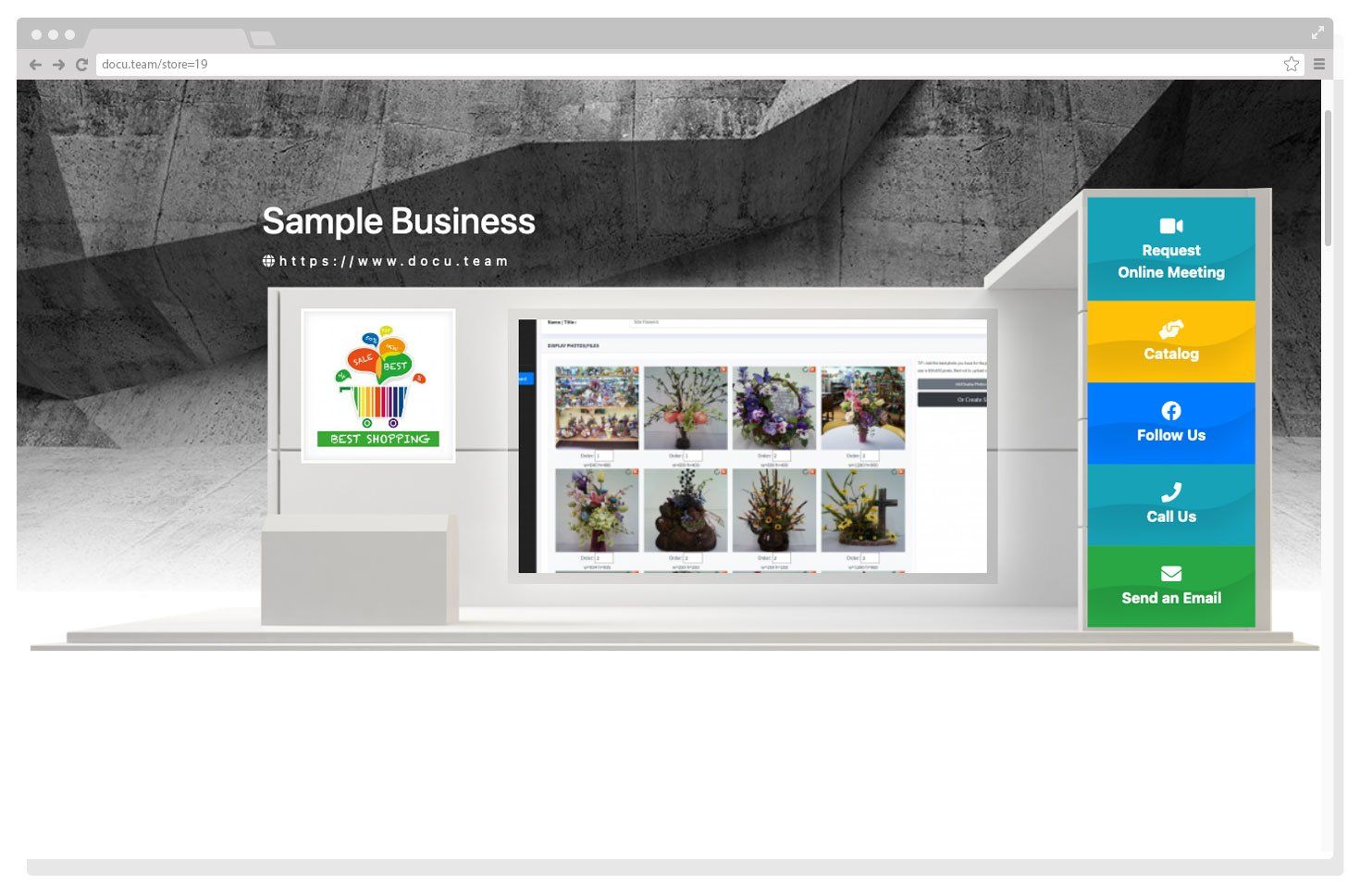 A computer screen is open to a sample business website.