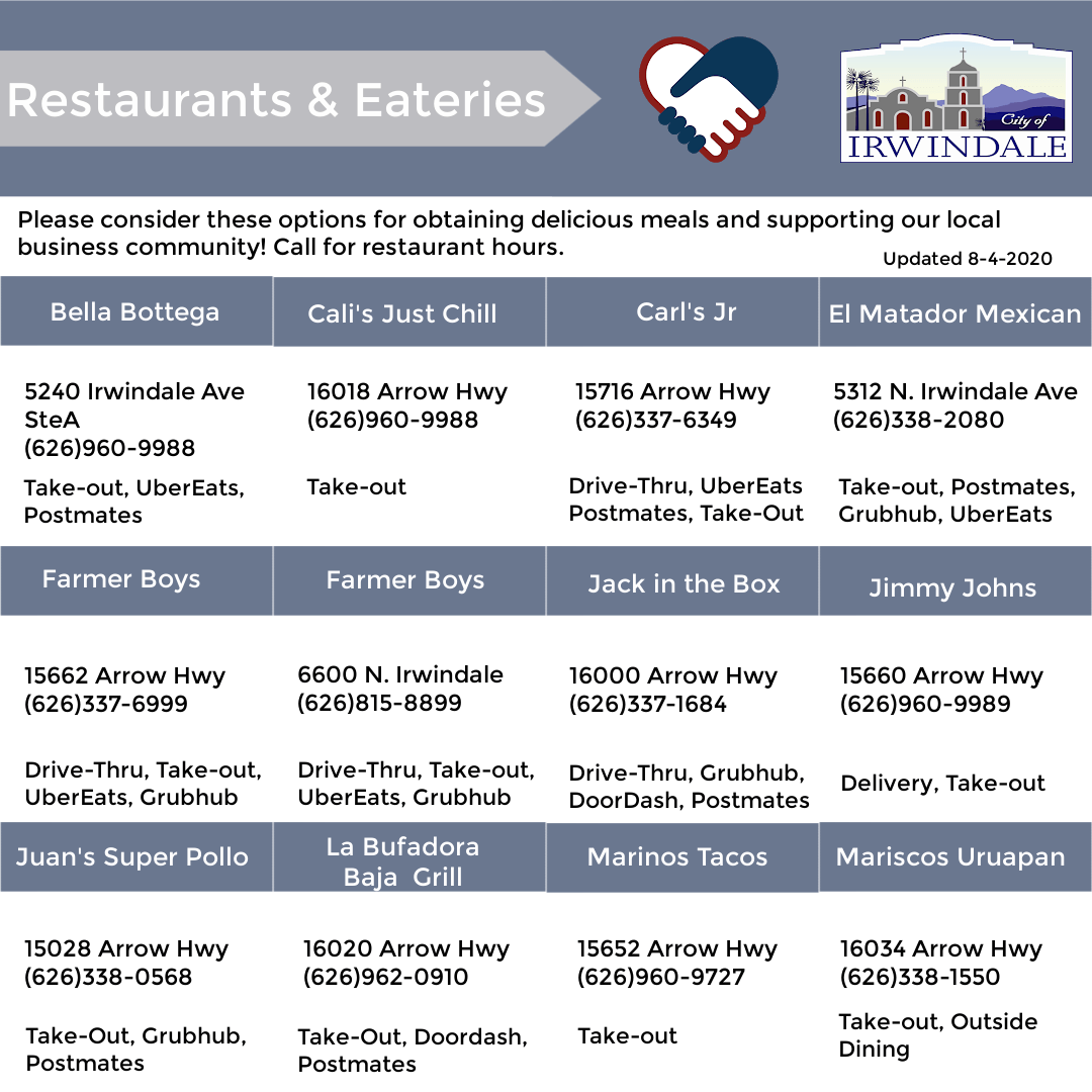 A list of restaurants and eateries in irwindale
