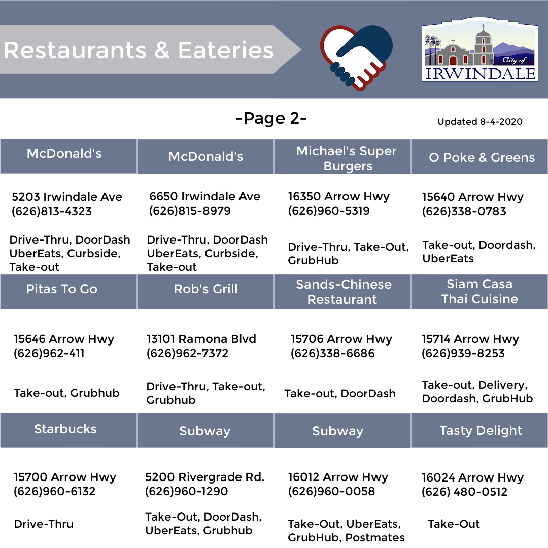 A list of restaurants and eateries in irwindale