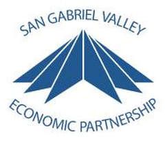 The logo for san gabriel valley economic partnership is a blue mountain.