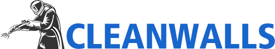 The logo for cleanwalls shows a man cleaning a wall with a vacuum cleaner.