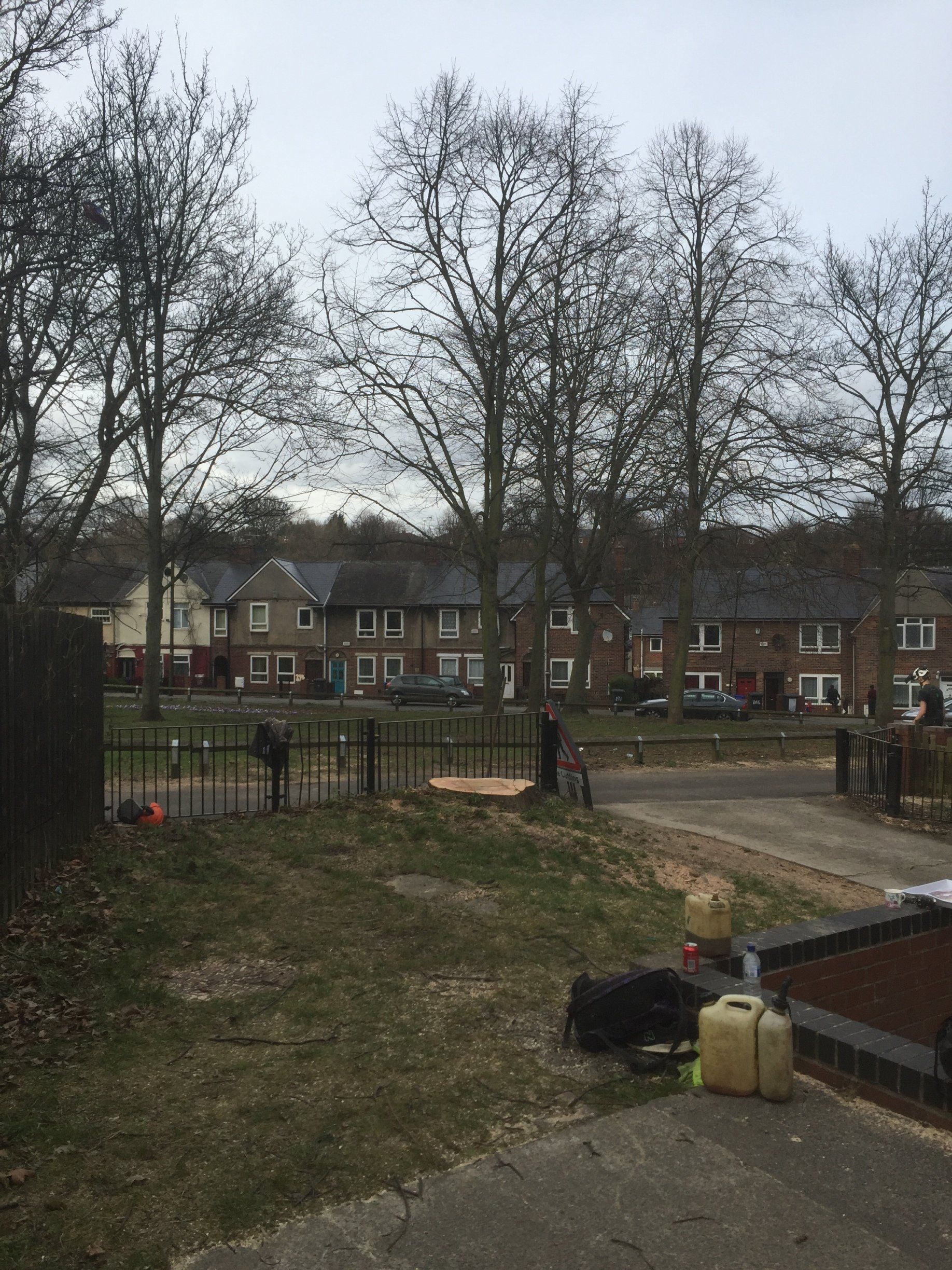A fenced in yard with a row of houses in the background.