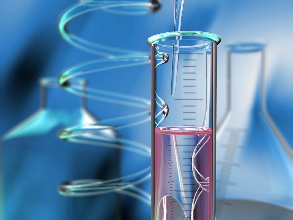 Provetta da laboratorio con liquido rosa e doppia elica del DNA su sfondo blu.