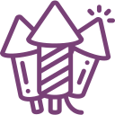 A purple icon of fireworks on a white background.