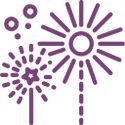 A purple fireworks icon on a white background.
