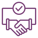A purple line icon of a handshake with a check mark.
