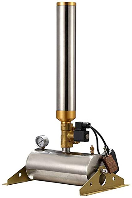 A stainless steel confetti cannon with a gauge attached to it on a white background.
