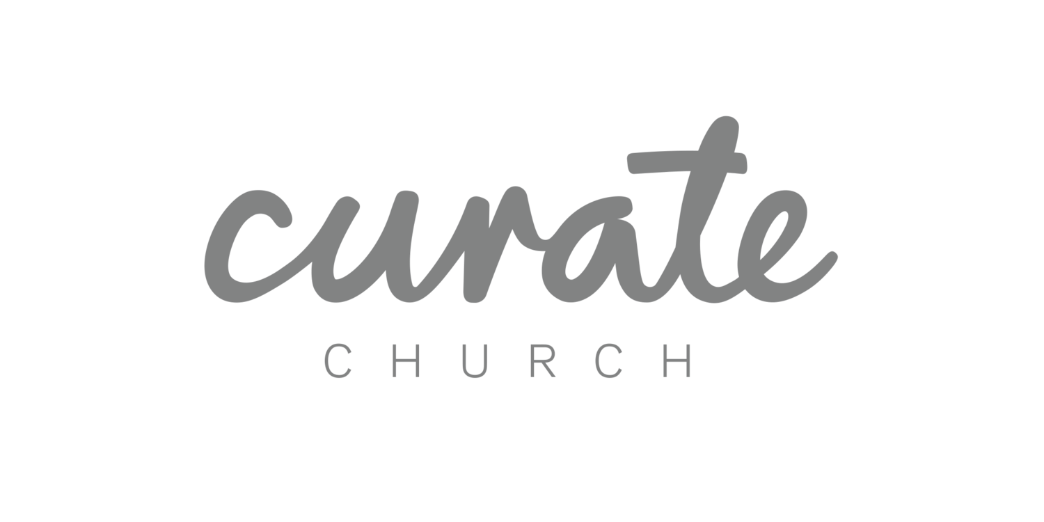The logo for curate church is gray and white.