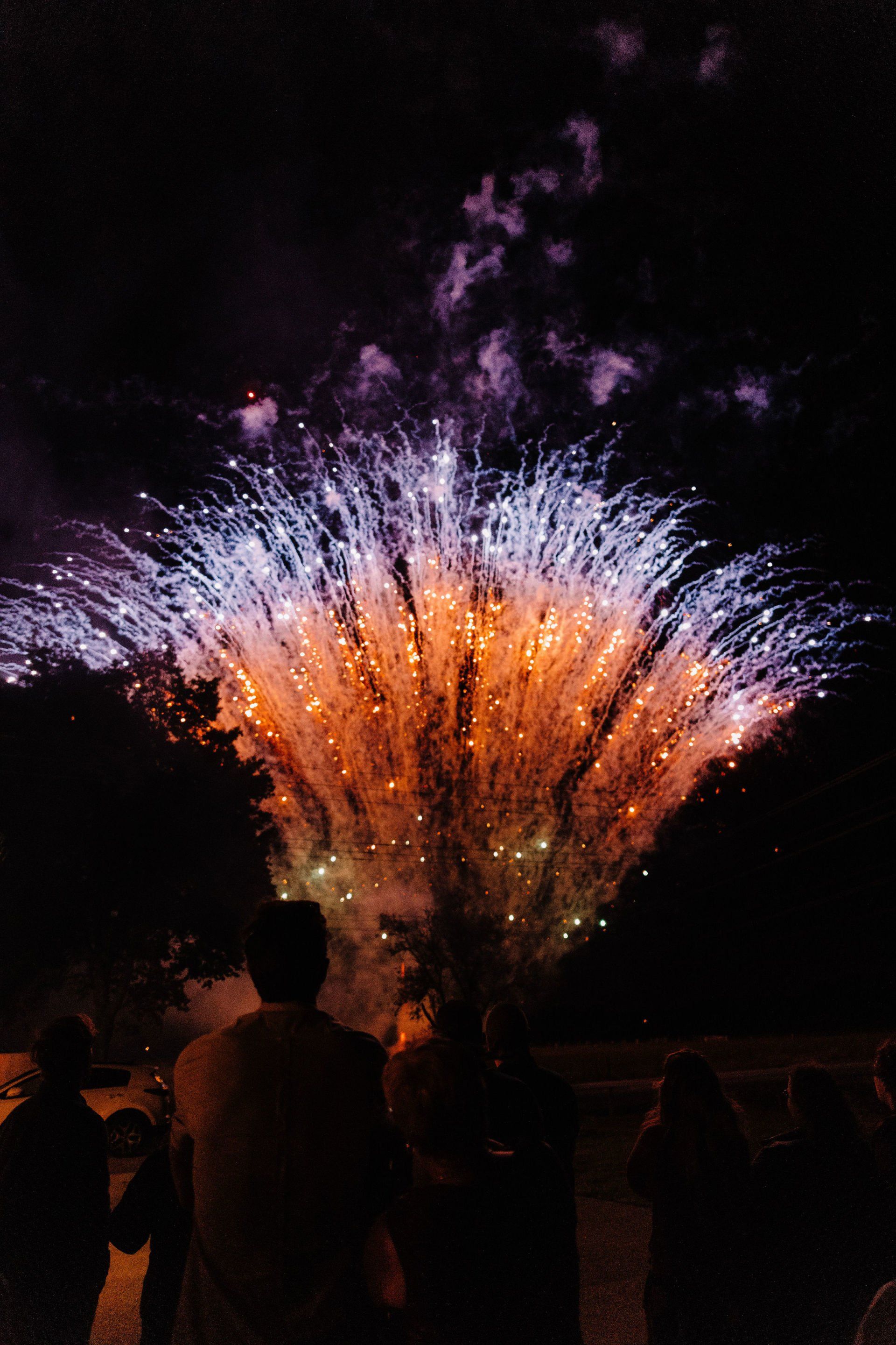 A group of people are watching a fireworks display at night.
