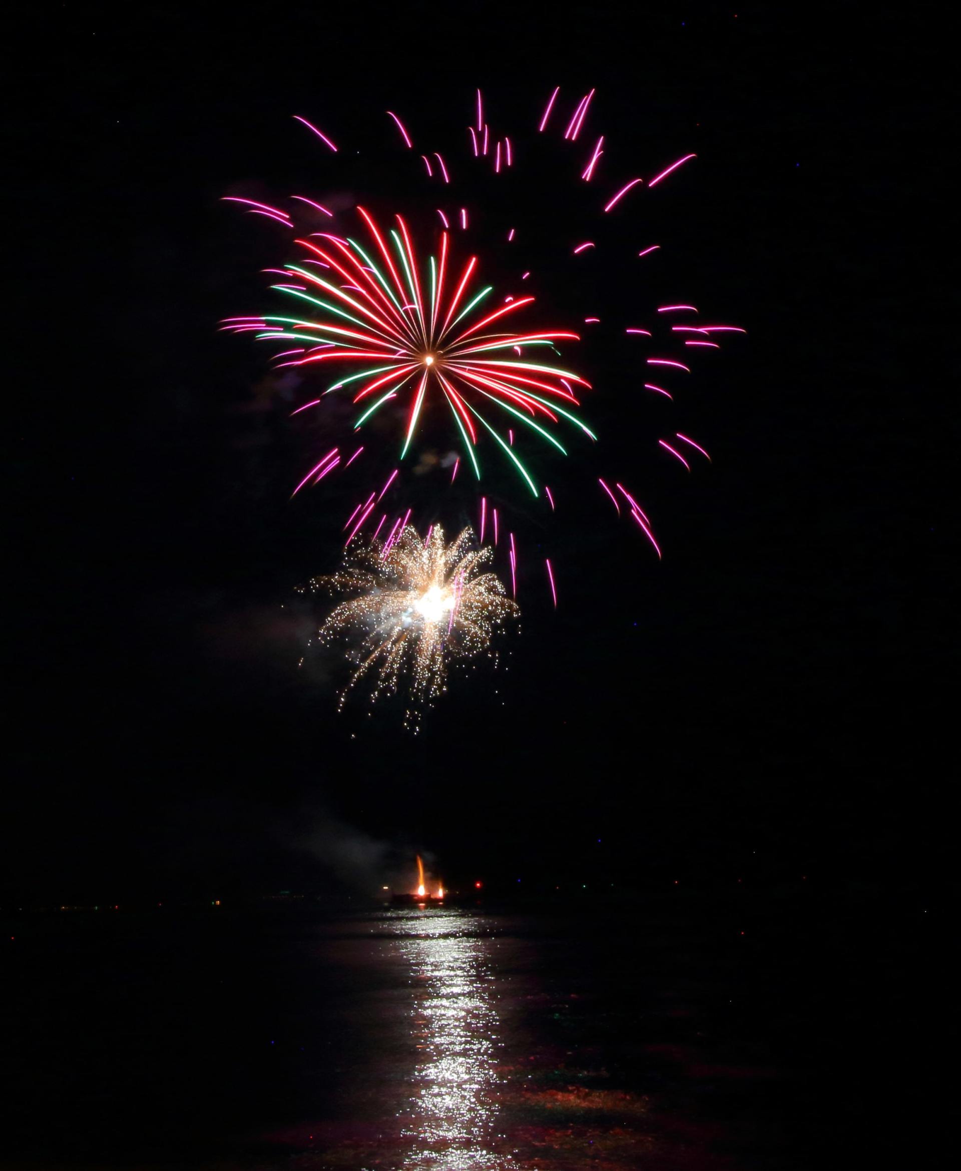 A fireworks display over a body of water