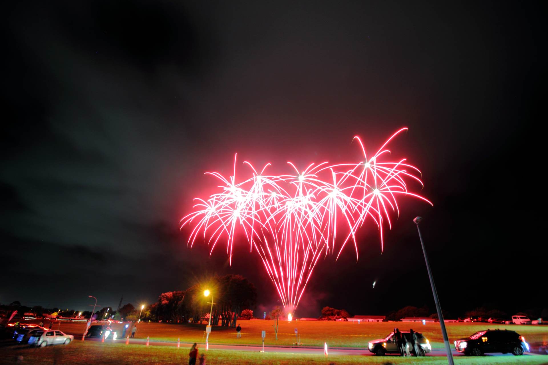 A fireworks display in the night sky with cars parked in the foreground