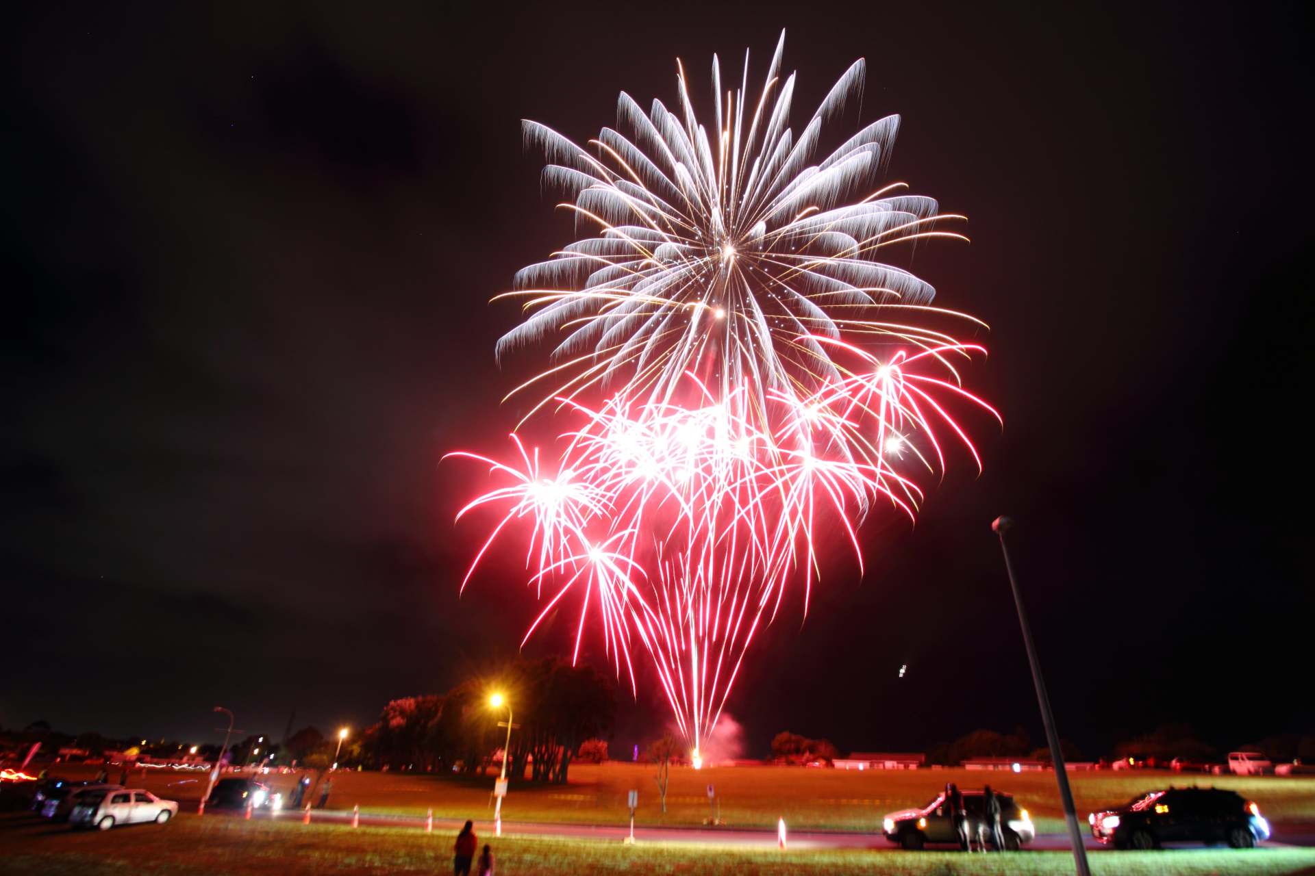 A fireworks display in the night sky with cars parked in the foreground