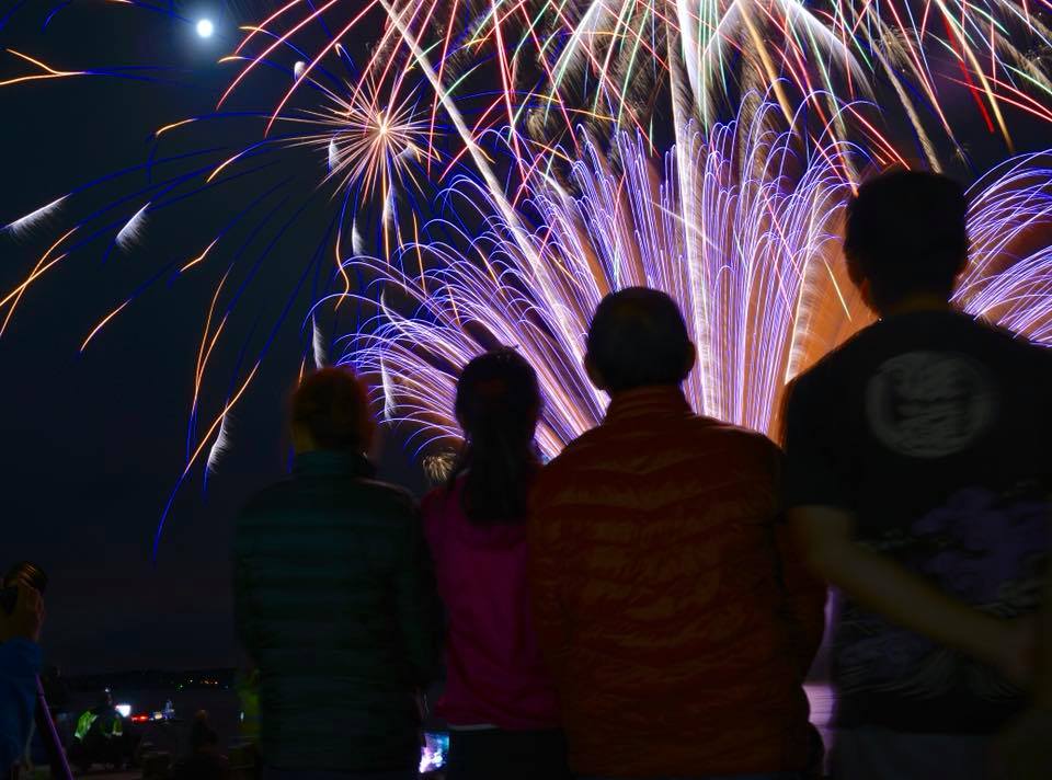 A group of people are watching fireworks in the night sky.