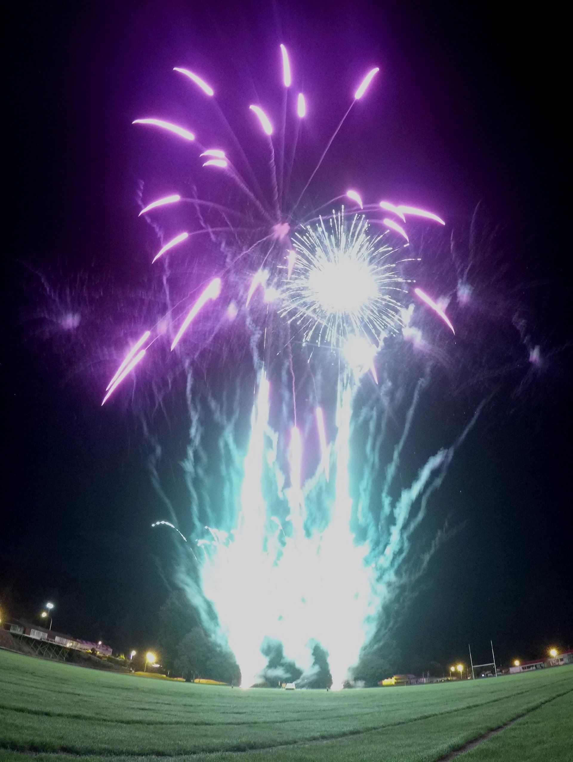 A fireworks display is taking place in the night sky over a field.