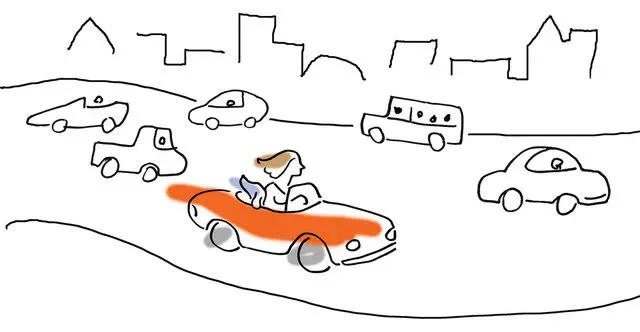 Cartoon image of woman driving on freeway