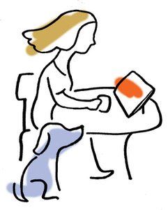 Cartoon image of woman on computer with dog by her side