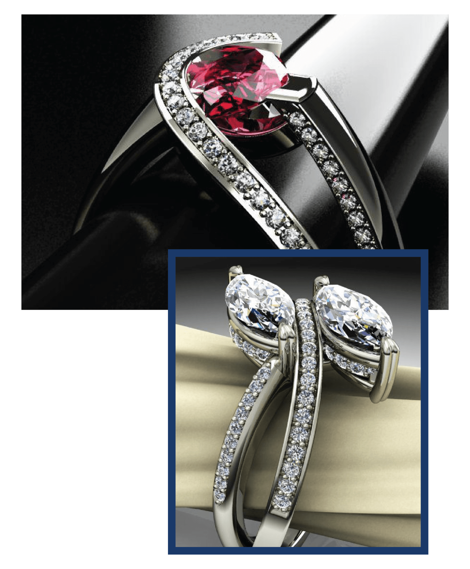 A close up of a ring with diamonds and a red stone