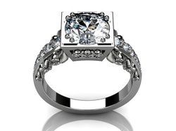 A white gold ring with a square diamond in the center.