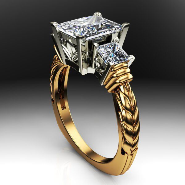 A gold ring with a square diamond in the center