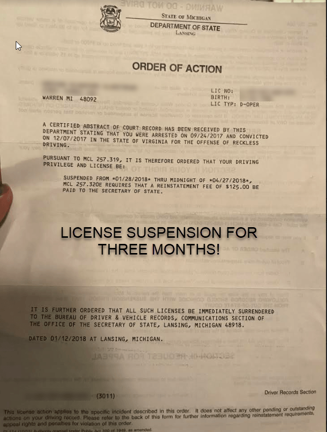 Virginia reckless speeding for out of state driver license suspension