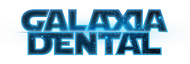 Blue neon-style “GALAXY DENTAL” logo on a white background