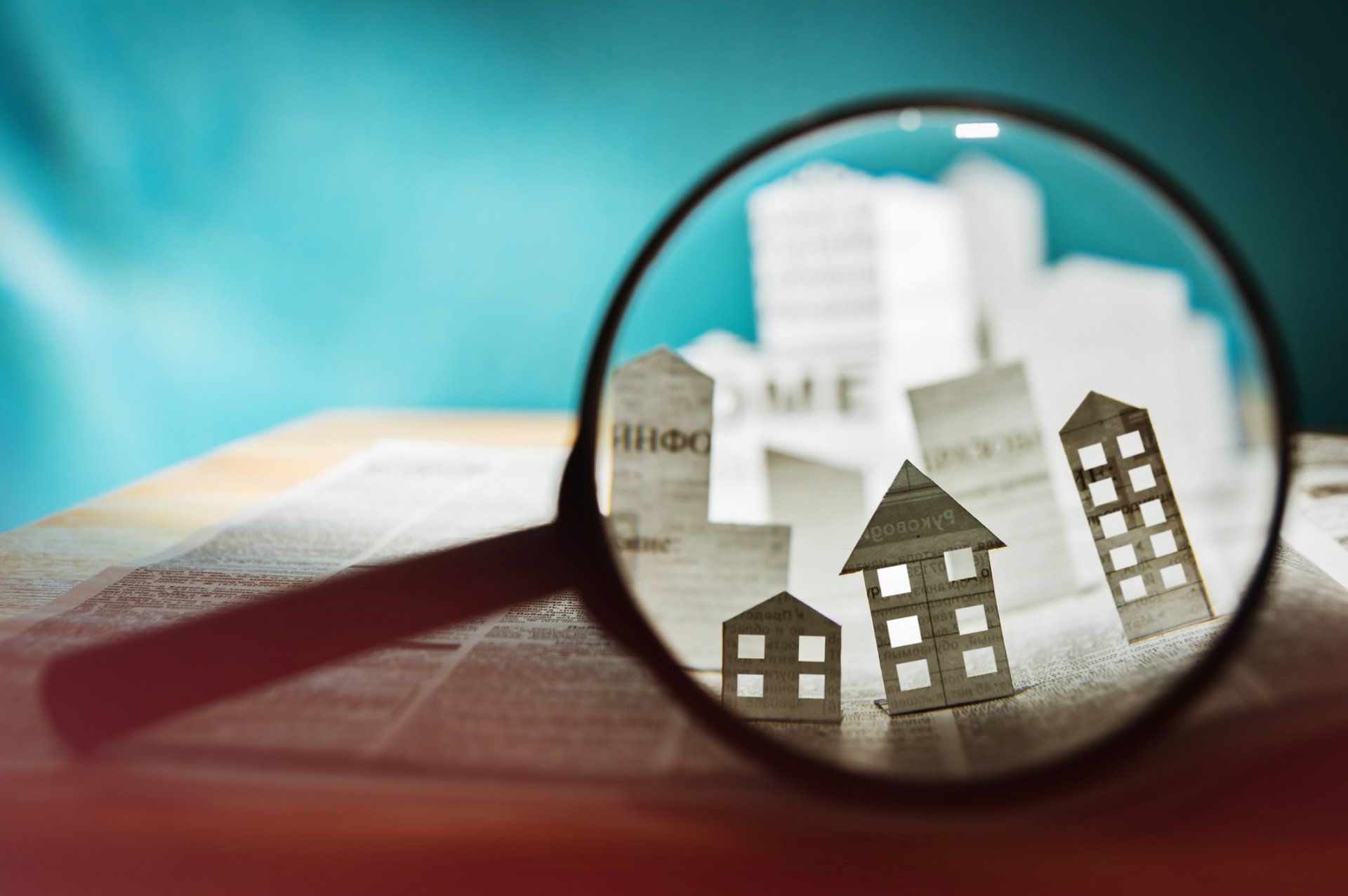 magnifying glass with buildings image