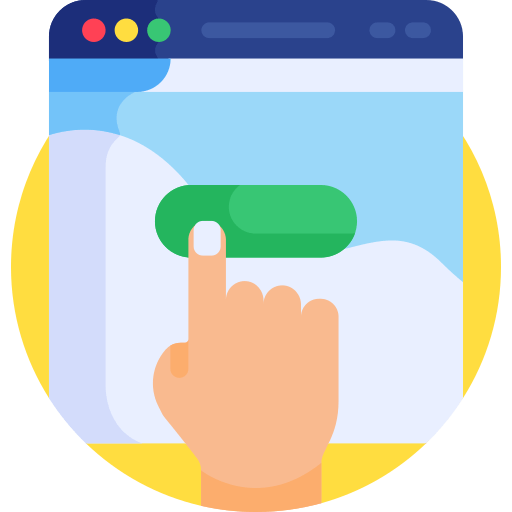 A hand is pressing a green button on a computer screen.