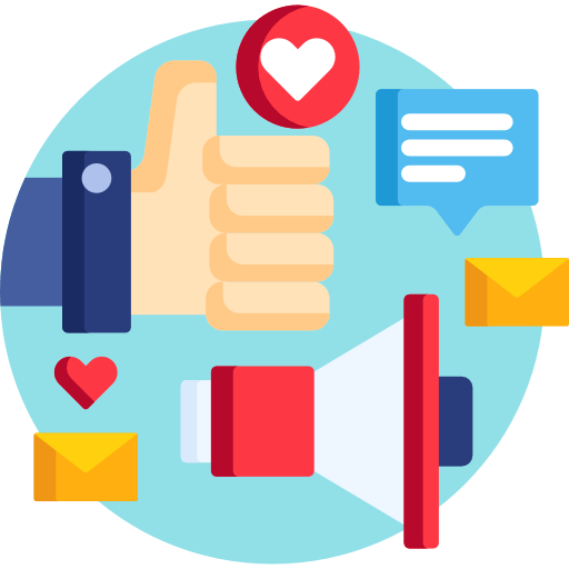 A cartoon illustration of a hand giving a thumbs up surrounded by social media icons.