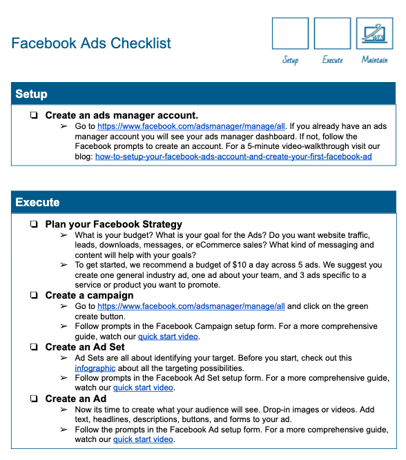 A facebook ads checklist for setup and execution