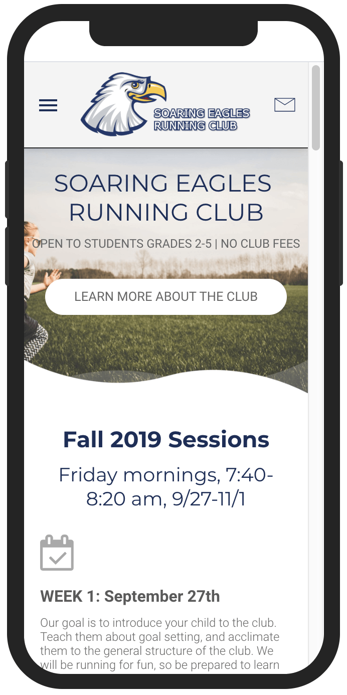 A cell phone displaying the website for the soaring eagles running club.