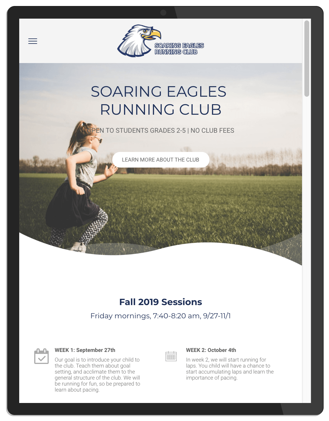 A woman is running in a field on a tablet.