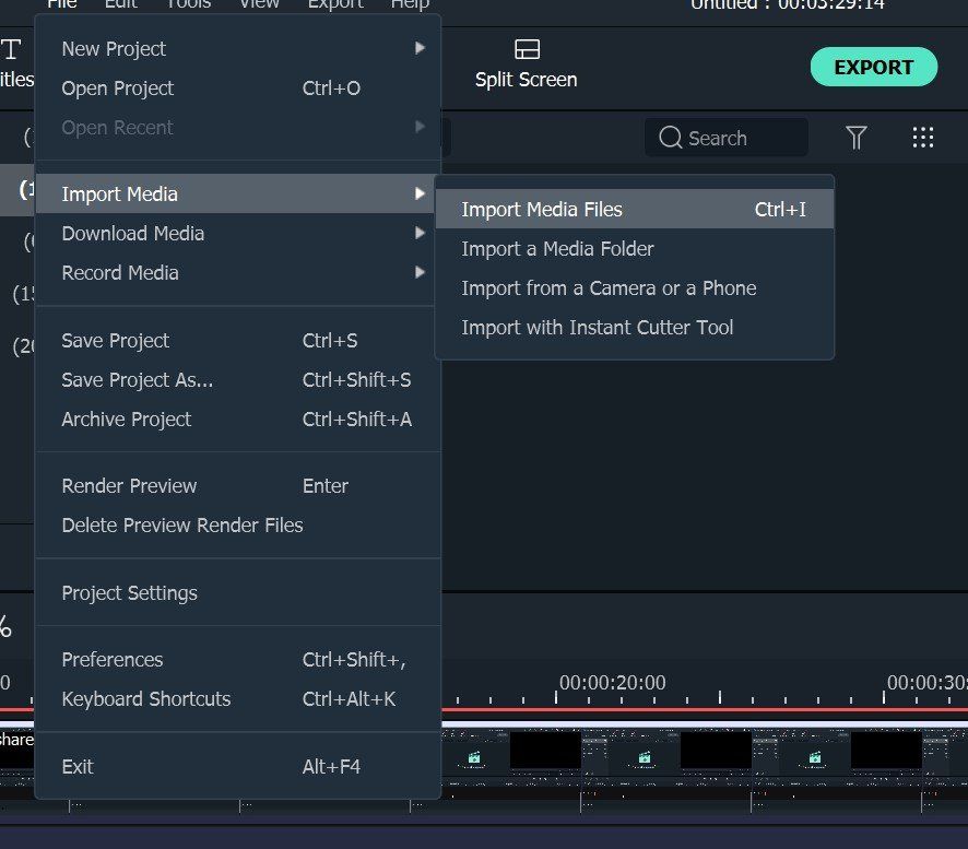A screenshot of a program that says import media files