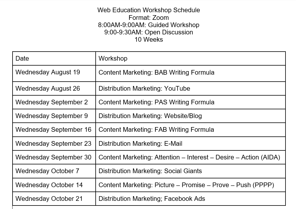 A schedule for a web education workshop is shown