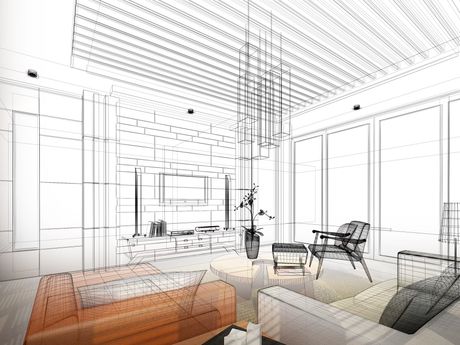 A black and white drawing of a living room with a couch and chairs.