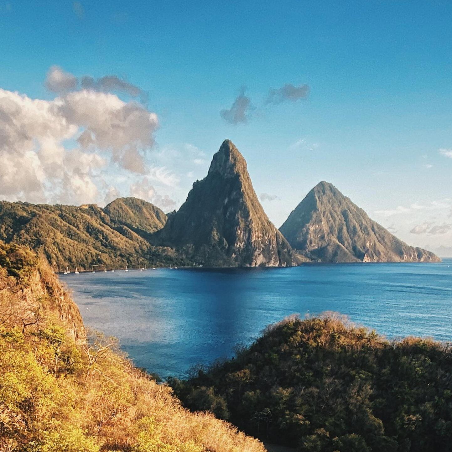 A view of the Soufriere Bay with the Pitons in the background