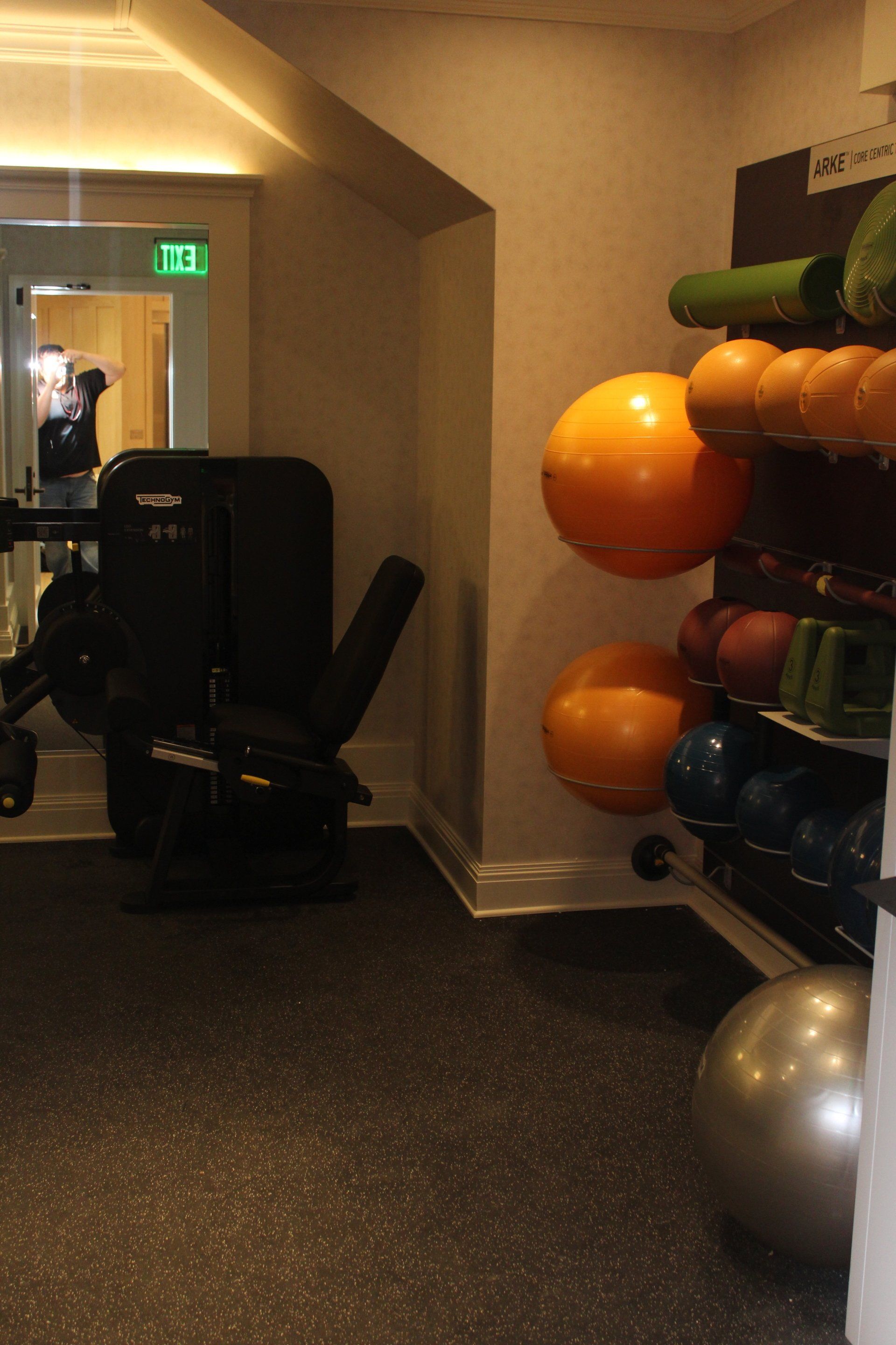 Exercise ball rack and workout station in the fitness center at The Reeds at Shelter Haven.