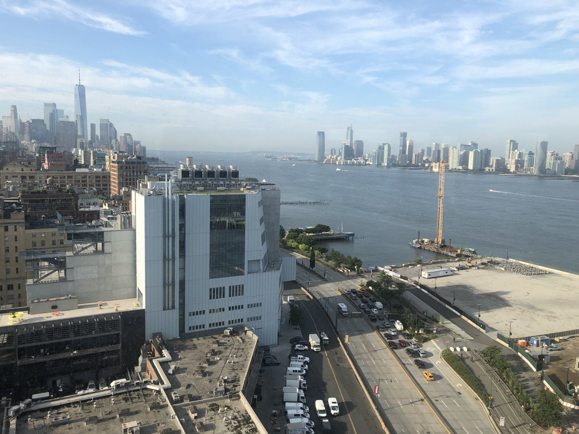 Aerial cityscape view overlooking the Hudson River and New York City from The Standard fitness center.