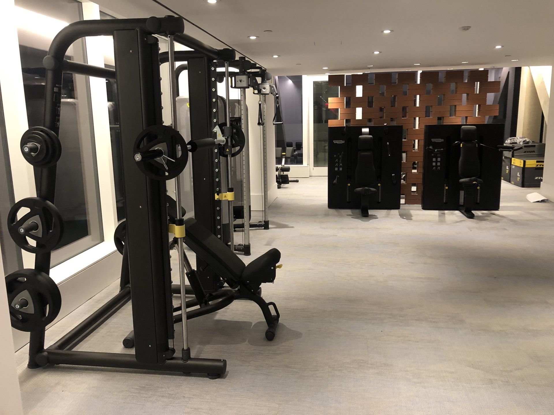 Strength training equipment in Williamsburg apartment gym.