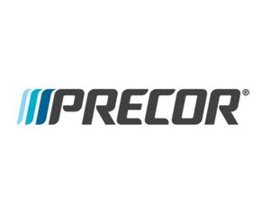 Precor fitness equipment logo in gray and blue text, cardio and strength machines.