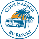 A logo for cove harbor rv resort with a rv and palm trees