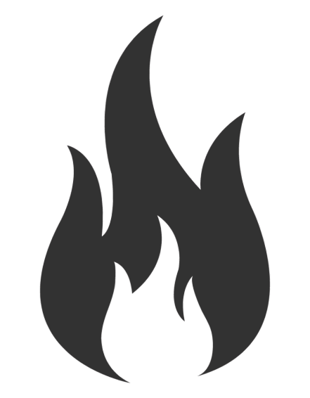 A black and white silhouette of a fire flame on a white background.