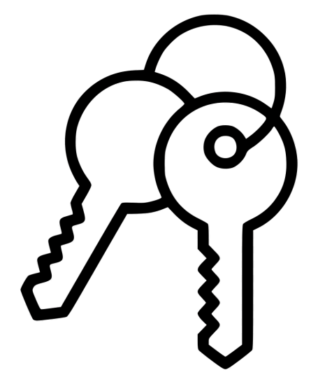 A black and white drawing of three keys on a chain.