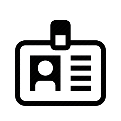 A black and white icon of a badge with a picture of a person on it.